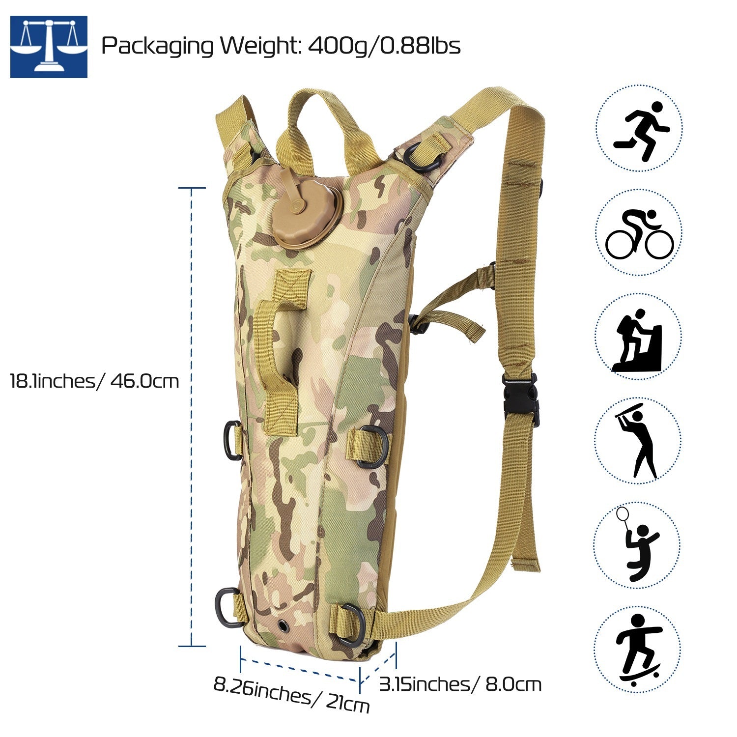 1Pc 3L Tactical Hydration Pack  Water Bladder Adjustable Water Drink Backpack For Hiking Cycling Climbing Running